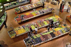 Cenital view of a supermaket, fruits section